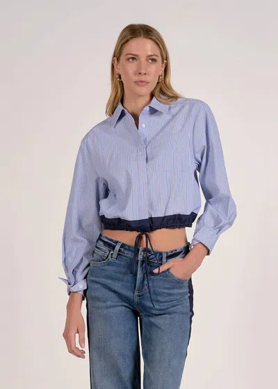 Elan Lana Cinched Button Down Top In Blue Stripe In Multi