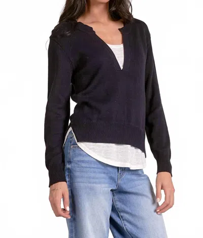 Elan Layered Two-for One Knit Top In Navy & White In Blue