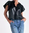 Elan Flutter Sleeve Vegan Leather Top In Black In Black
