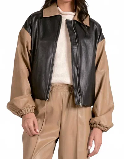 Elan Leona Faux Leather Bomber Jacket In Black Macchiato In Brown