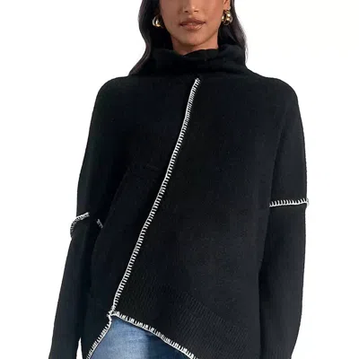 Elan Oversized Stitched Asymmetrical Turtleneck Sweater In Black
