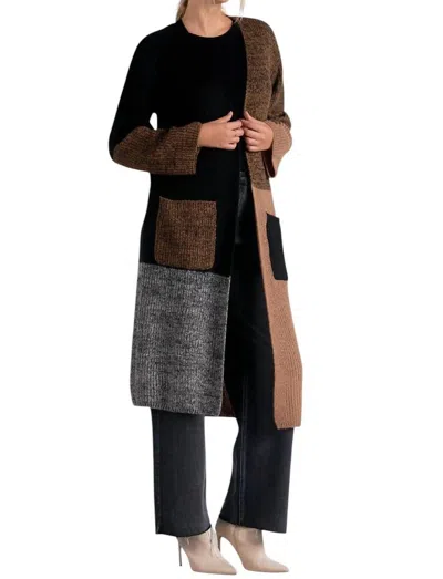 Elan Long Colorblock Duster Sweater With Pockets In Black Color Block In Multi