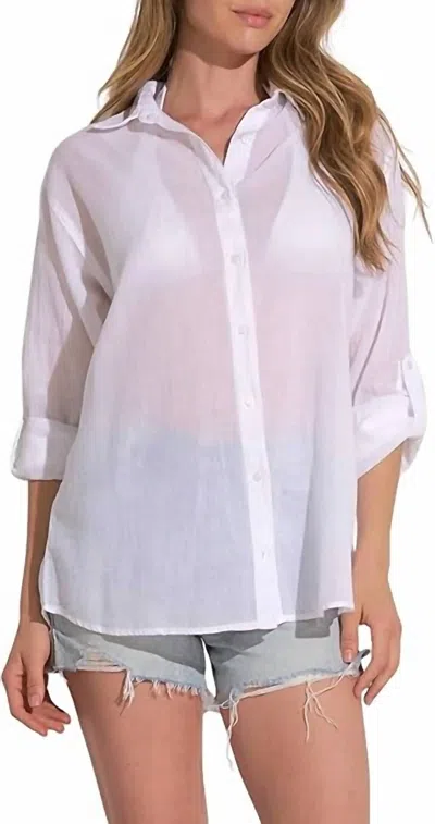 Elan Long Sleeve Button Down Word Heart Top In White In Gray