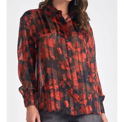 Elan Long Sleeve Button Up Top In Red Floral In Multi