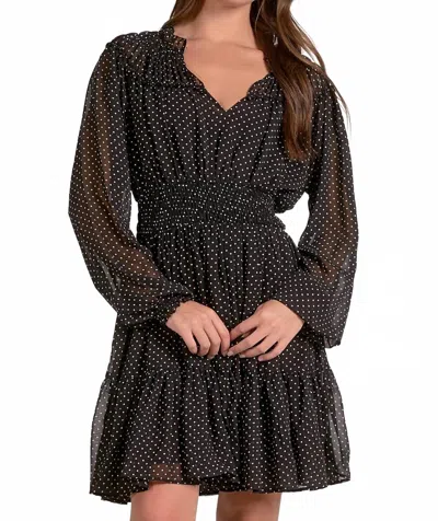 Elan Long Sleeve Gathered Neck Mini Dress In Black Polka Dot