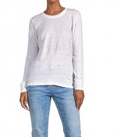 Elan Long Sleeve Linen Fray Crew Neck Tee In White