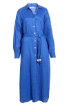 Elan Long Sleeve Linen Maxi Shirtdress In Blue
