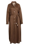 Elan Long Sleeve Linen Maxi Shirtdress In Brown
