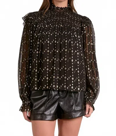 Elan Long Sleeve Mock Tie Neck Top In Black Geo Print In Multi