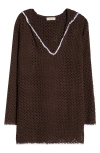 Elan Long Sleeve Sheer Open Stitch Cover-up Dress In Brown