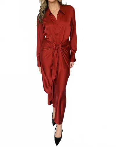 Elan Long Sleeve Tie Front Satin Dress In Rust In Red