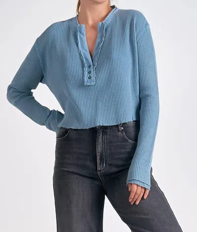 Elan Women's Waffle-knit Split-neck Top In Blue Wash