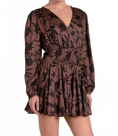 Elan Long Sleeve V-neck Mini Dress In Brown Foliage