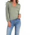 Elan Long Sleeve V-neck Top With Ruffle Detail In Sage In Multi