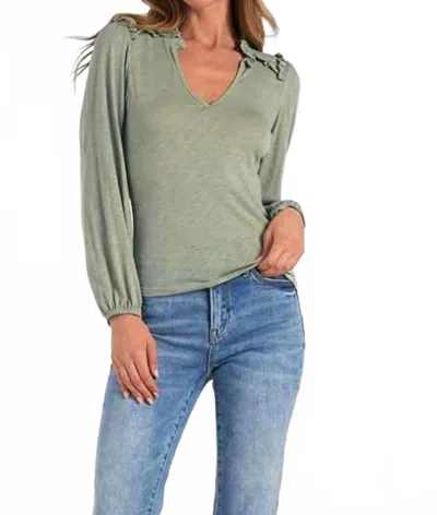 Elan Long Sleeve V-neck Top With Ruffle Detail In Sage In Multi