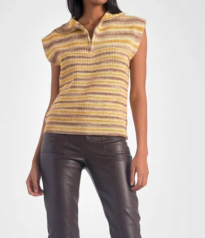 Elan Loretta Zip Sleeveless Sweater In Yellow And Brown In Multi