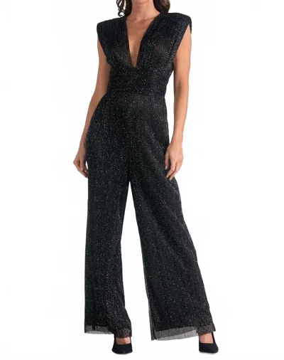 Elan Low V-neck Sleeveless Jumpsuit In Metallic Black