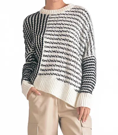 Elan Mara Round Neck Sweater In Black White Stripe