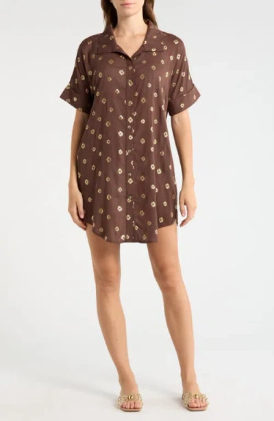 Elan Metallic Dot Cover-up Shirtdress In Brown