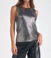 Elan Sleeveless Metallic Crewneck Sweater In Silver In Gray