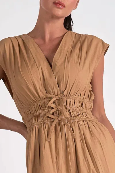 Elan Midi Cap Sleeve Dress In Taupe In Grey