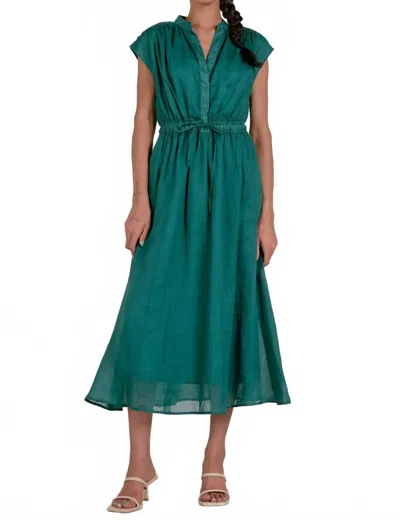 Elan Midi Short Sleeve Tie Waist Dress In Emerald In Gold