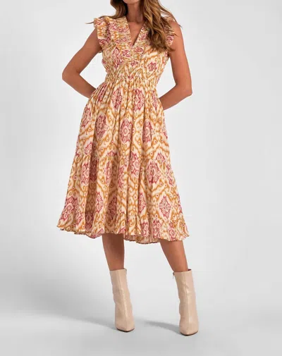 Elan Midi Sleeveless Ruffle Dress In Gold Ikat In Multi
