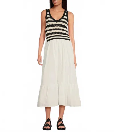 Elan Midi Woven Knit Mixed Media Dress In Black Stripe In Neutral