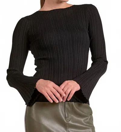 Elan Midnight Rib Knit Bell Sleeve Top In Black
