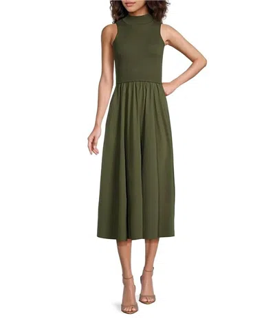Elan Mix Media Mock Neck Sleeveless Midi Dress In Pine In Green