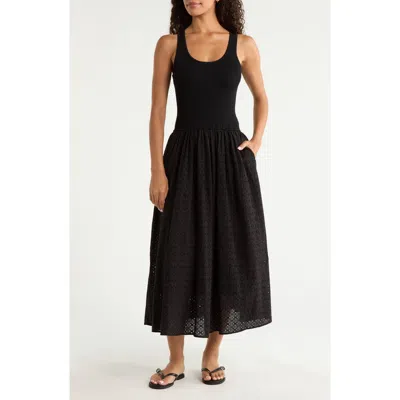 Elan Mixed Media Eyelet Maxi Cover-up Dress In Black