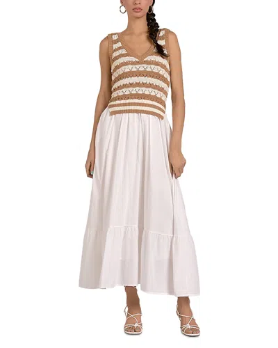 Elan Mixed Media Knit Midi Dress In White Tan
