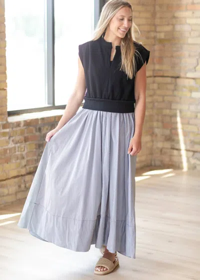Elan Mixed Media Maxi Dress In Black White Stripe In Gray