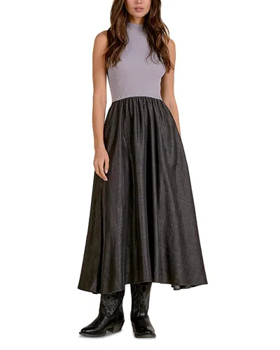 Elan Mixed Media Mock Neck Sleeveless Dress In Black