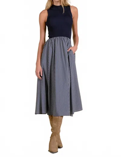 Elan Mixed Media Striped Dress In Navy In Blue
