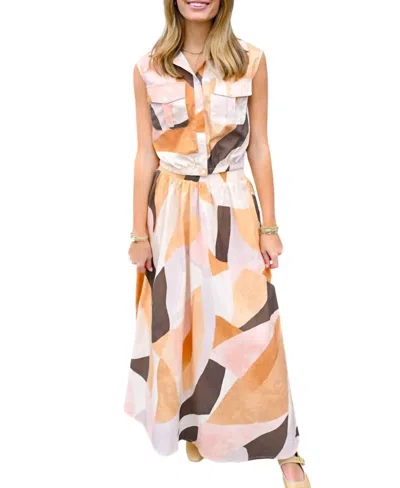Elan Neutral Prism Midi Skirt Set In Beige Multi