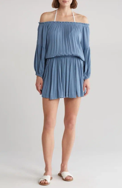 Elan Off The Shoulder Long Sleeve Cover-up Dress In Deep Blue