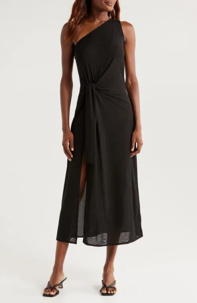 Elan One-shoulder Knotted Mesh Cover-up Dress In Solid Black