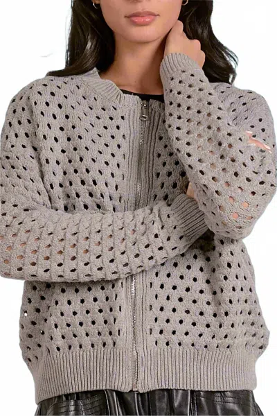 Elan Open Knit Zip Up Sweater In Grey In Gray