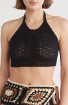 Elan Open Stitch Halter Crop Cover-up Top In Black