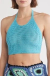 Elan Open Stitch Halter Crop Cover-up Top In Turquoise
