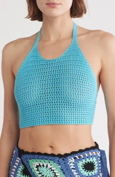 Elan Open Stitch Halter Crop Cover-up Top In Turquoise