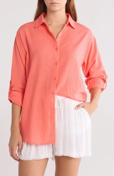 Elan Oversize Long Sleeve Cover-up Button-up Shirt In Coral