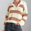 Elan Striped V-neck Collared Sweater In Camel In Multi