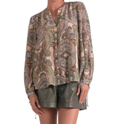 Elan Paisley Button Blouse In Beige