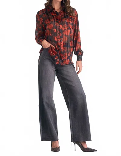 Elan Pleated Button Up Shirt In Red Floral In Multi