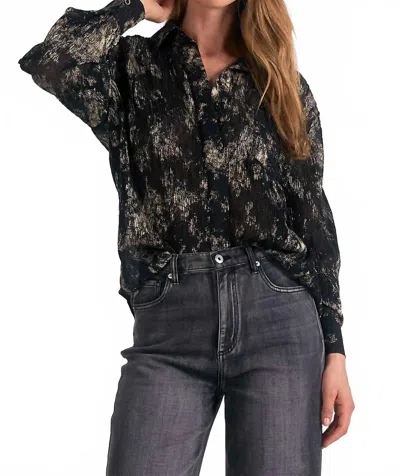 Elan Pleated Long Sleeve Blouse In Black/gold