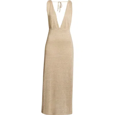 Elan Plunge Neck Maxi Cover-up Sweater Dress In Brown