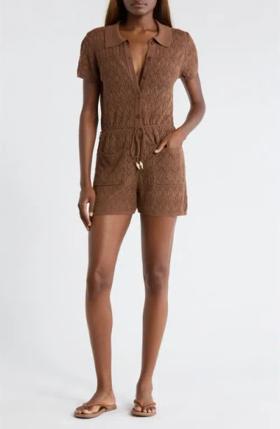 Elan Pointelle Cover-up Sweater Romper In Brown
