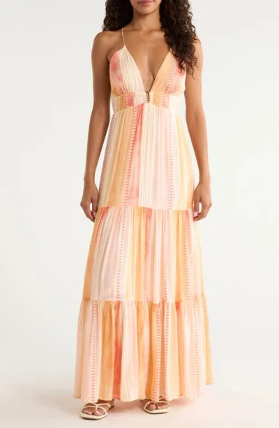 Elan Print Tiered Halter Maxi Dress In Orange